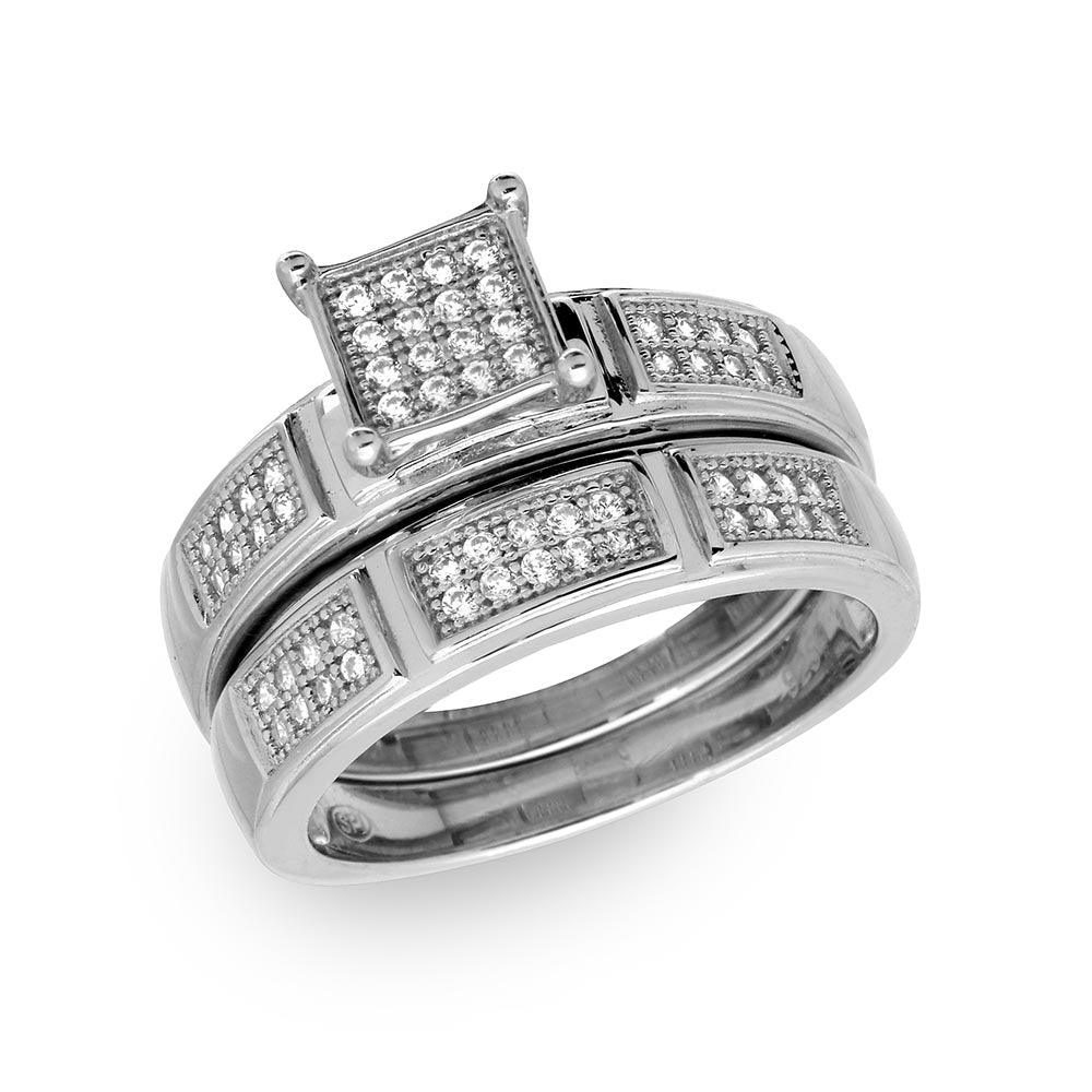 Rhodium Plated Sterling Silver 925 Bridal Set Engagement Ring Band Sizes 5-9