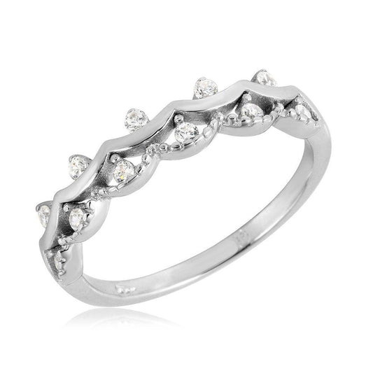 High Polished Rhodium Plated Sterling Silver 925 Crown Ring CZ Band Sizes 5-9