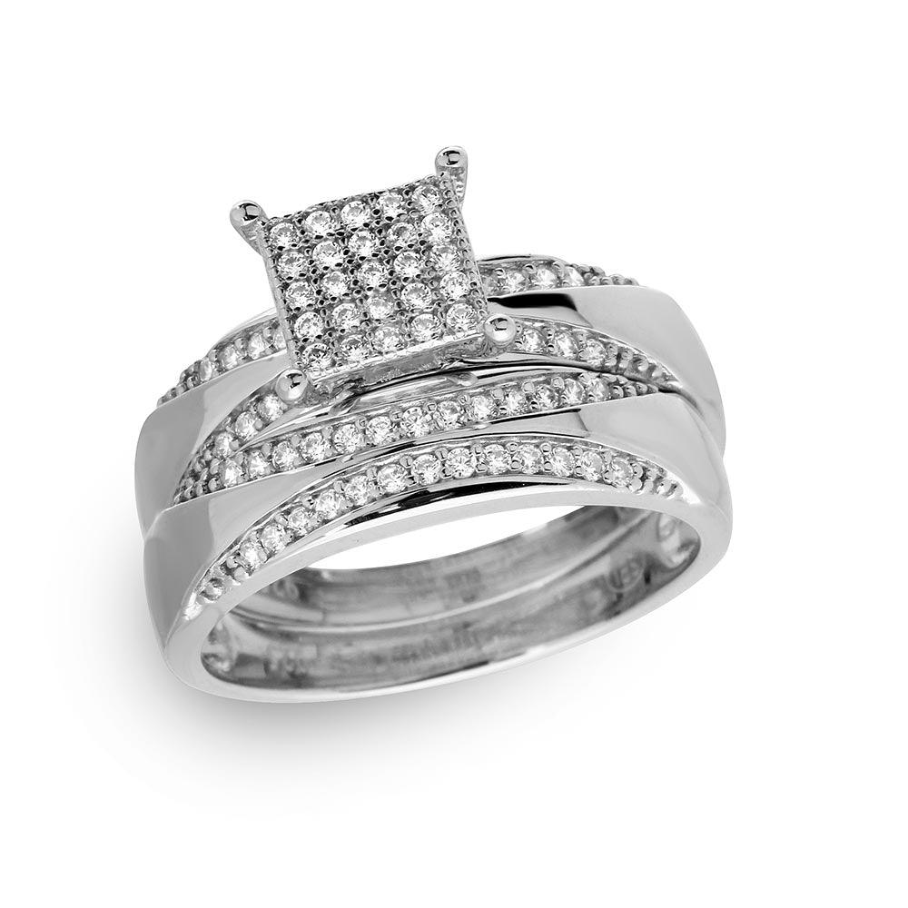 Sterling Silver 925 Rhodium Plated Square Pave Clear CZ Bridal Ring Sizes 5-9