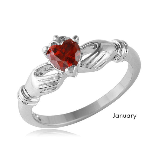 Rhodium Plated Sterling Silver 925 January CZ Simulated Claddagh Ring Sizes 5-9