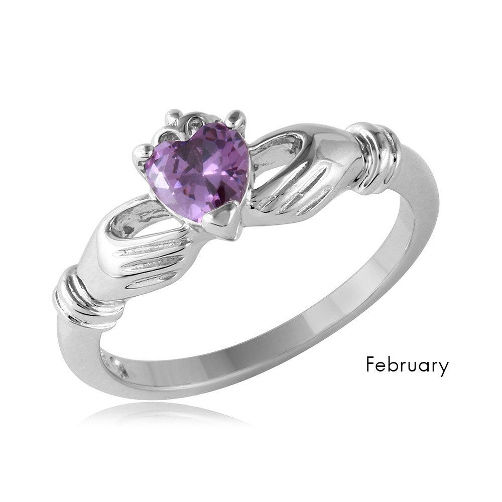 Rhodium Plated Sterling Silver 925 February CZ Simulated Claddagh Ring Sizes 5-9