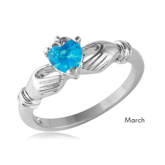Rhodium Plated Sterling Silver 925 March CZ Simulated Claddagh Ring Sizes 5-9