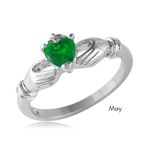 Rhodium Plated Sterling Silver 925 May CZ Simulated Claddagh Ring Band Sizes 5-9