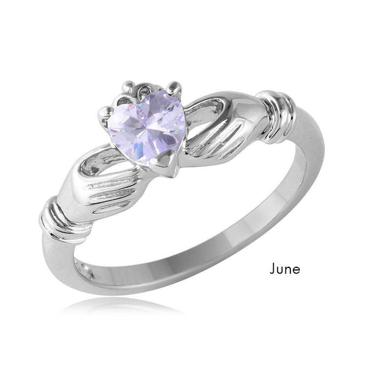 June Sterling Silver 925 Rhodium Plated Lavender CZ Claddagh Ring Sizes 5-9