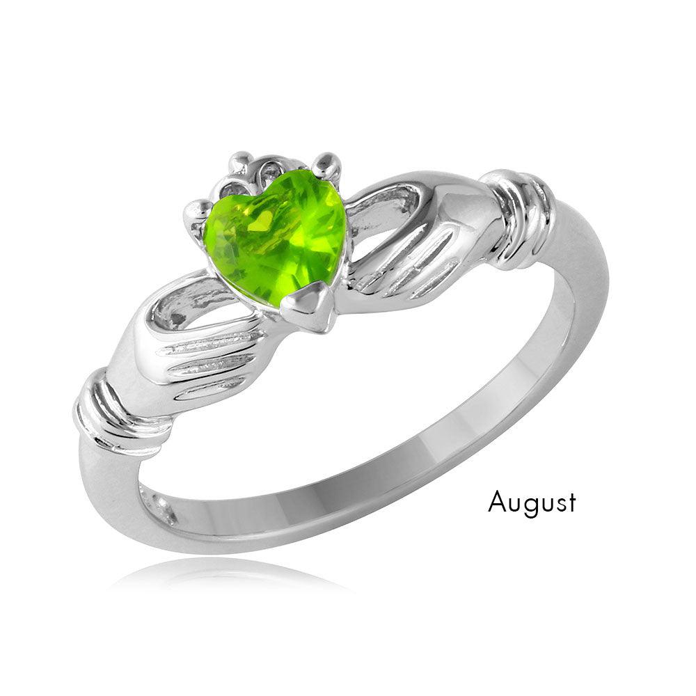 Rhodium Plated Sterling Silver 925 August CZ Simulated Claddagh Ring Sizes 5-9