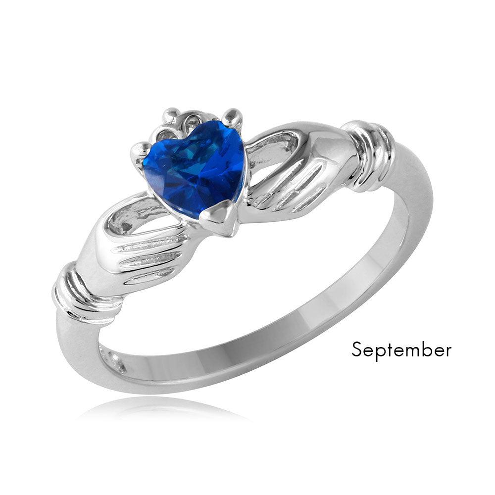 Rhodium Plated Sterling Silver September CZ Simulated Claddagh Ring Sizes 5-9