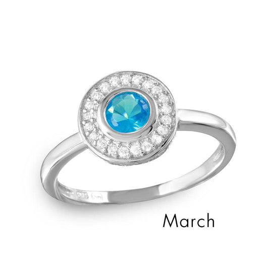 March Sterling Silver 925 Rhodium Plated Aquamarine CZ Halo Ring Sizes 5-9