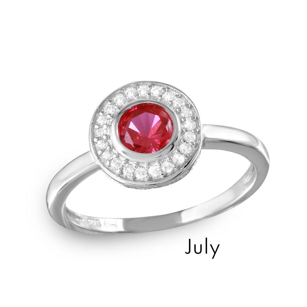 July Sterling Silver 925 Rhodium Plated Ruby CZ Center Halo Ring Sizes 5-9