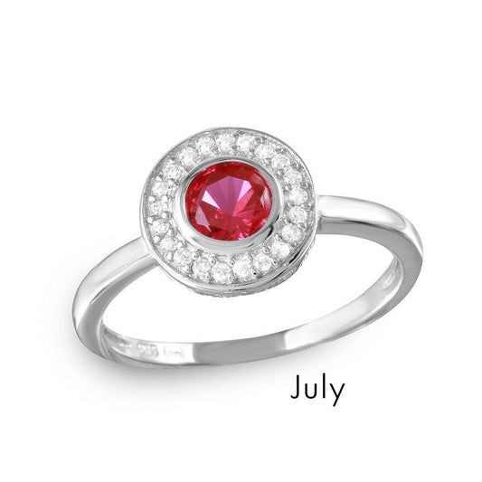 July Sterling Silver 925 Rhodium Plated Ruby CZ Center Halo Ring Sizes 5-9