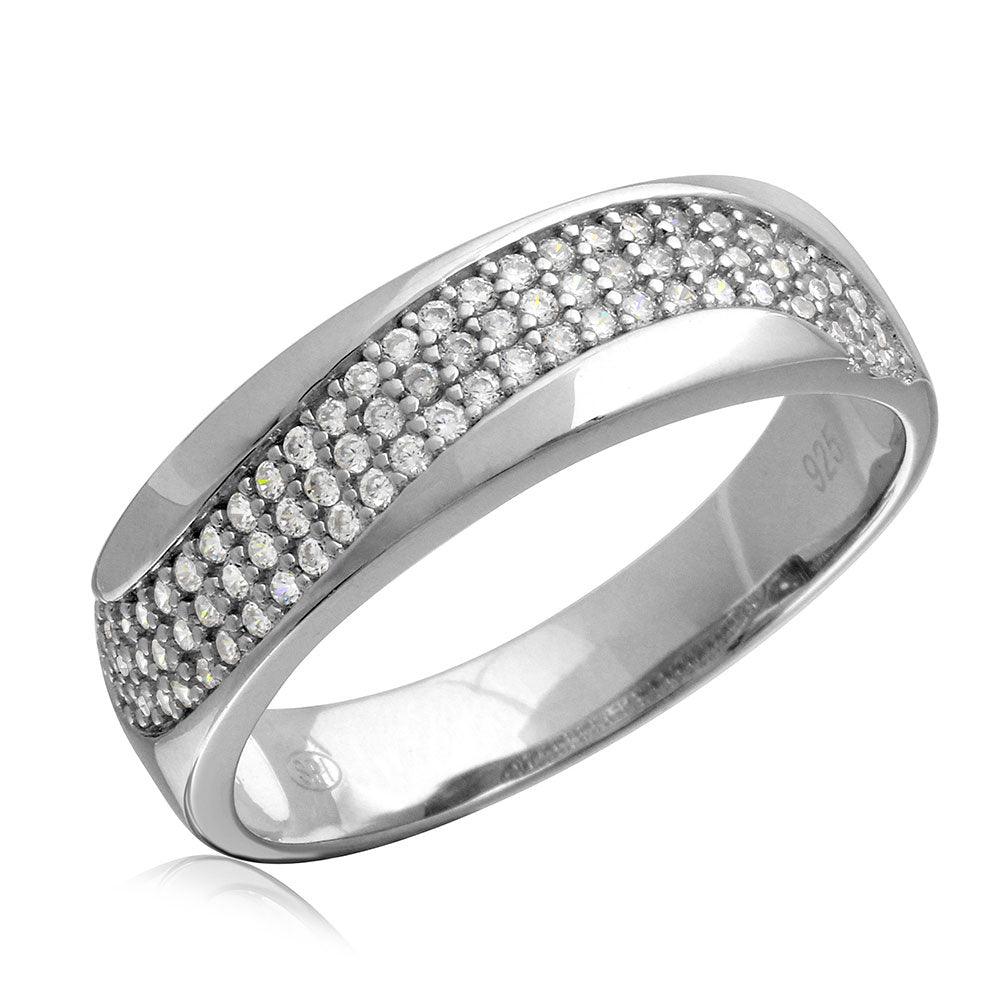 Rhodium Plated 925 Sterling Silver Men's Wave Clear CZ Wedding Ring Sizes 9-12
