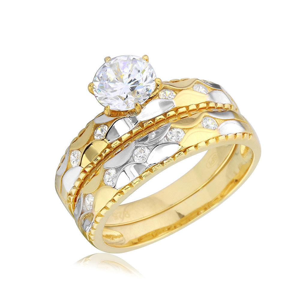 Two-Tone 925 Gold Plated Sterling Silver Hammered CZ Wedding Ring Band Sizes 5-9