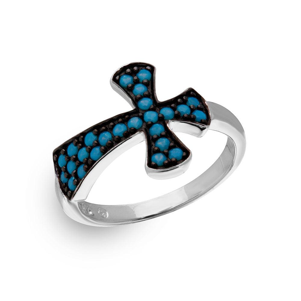 Sterling Silver Black Rhodium Plated Ring Simulated Turquoise Enamel Sizes 5-9