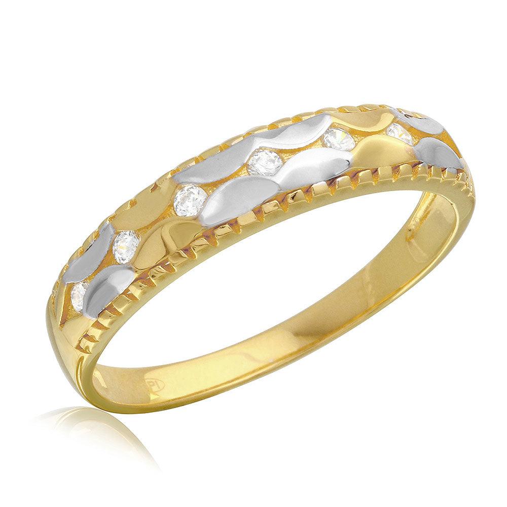 Two-Tone 925 Gold Plated Sterling Silver Hammered CZ Wedding Ring Sizes 9-11