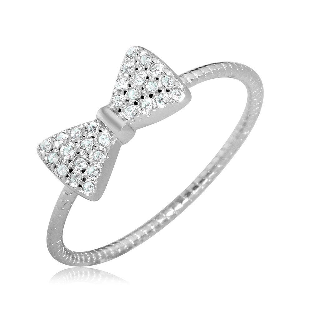 Rhodium Plated 925 Sterling Silver Clear CZ Bow Tie Ring Band Sizes 5-9