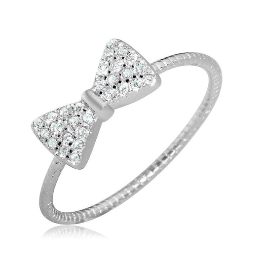 Rhodium Plated 925 Sterling Silver Clear CZ Bow Tie Ring Band Sizes 5-9