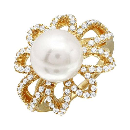 Gold Plated 925 Sterling Silver CZ Flower Ring Simulated Pearl Band Sizes 5-9