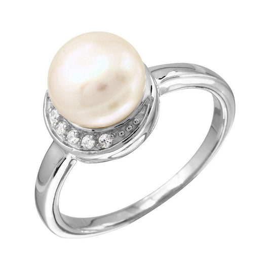 Rhodium Plated 925 Sterling Silver CZ Crescent Ring Simulated Pearl Sizes 5-9