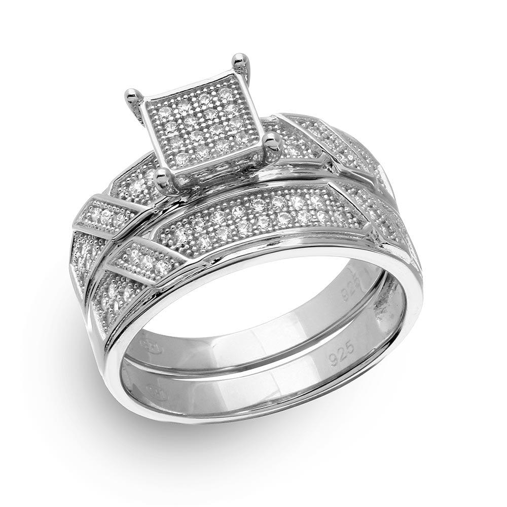 Sterling Silver 925 Rhodium Plated Square Pave Center Trio Bridal Ring Sizes 5-9