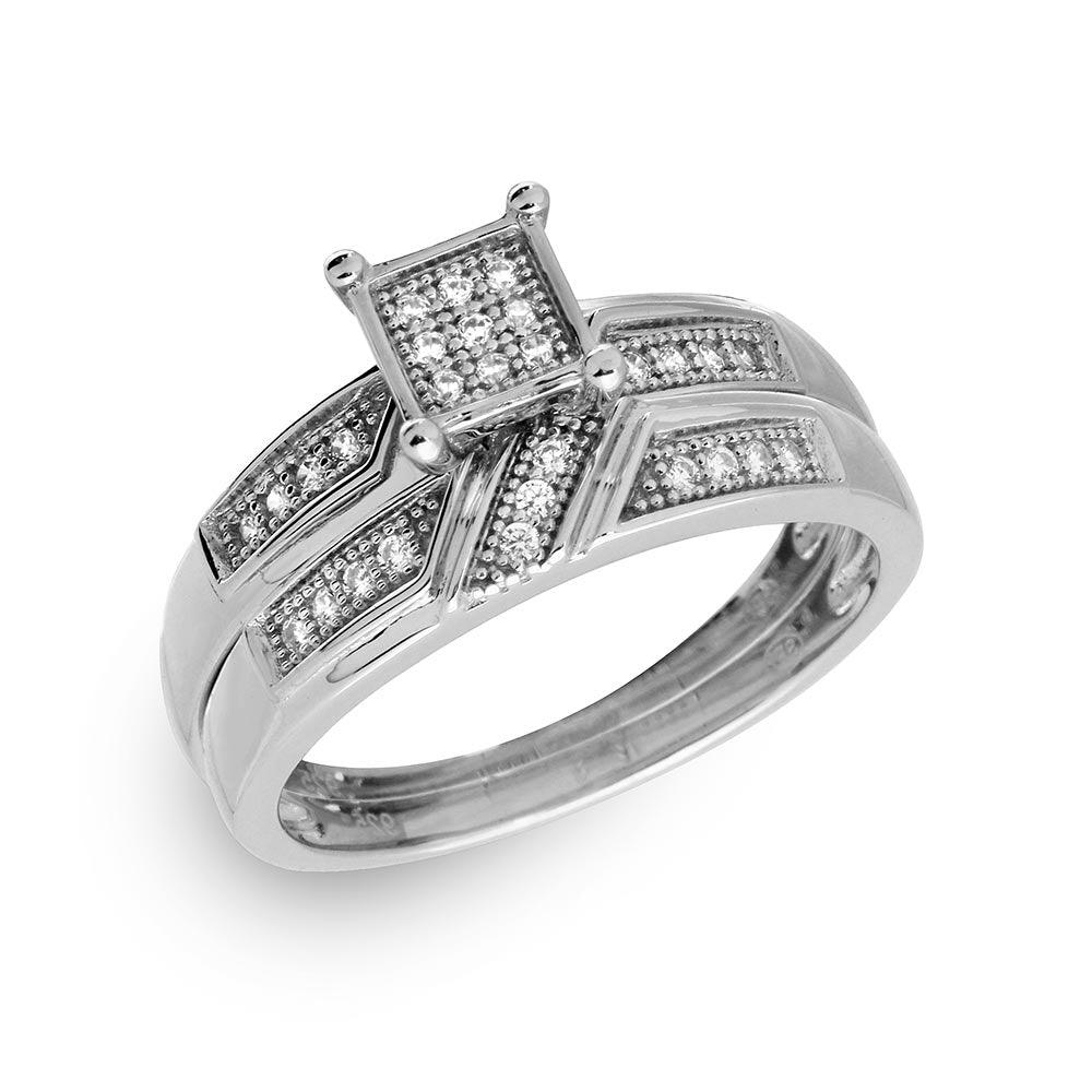 Sterling Silver 925 Rhodium Plated Square Pave Center Trio Bridal Ring Sizes 5-9