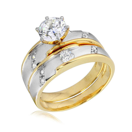 Two-Tone 925 Sterling Silver Gold Rhodium Plated CZ Band Wedding Band Sizes 5-9