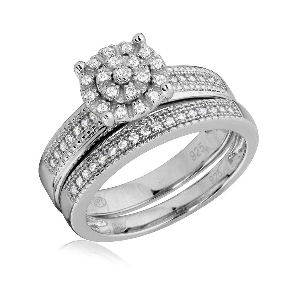 Rhodium Plated 925 Sterling Silver Clear CZ Cluster Wedding Ring Set Sizes 5-9