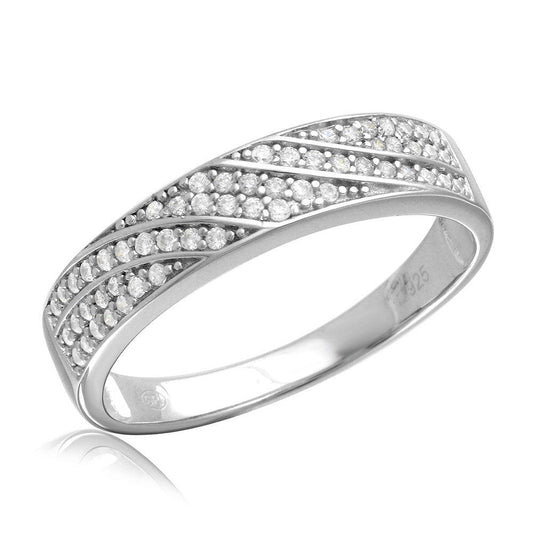 Rhodium Plated 925 Sterling Silver Wave Clear CZ Band Wedding Ring Sizes 9-11