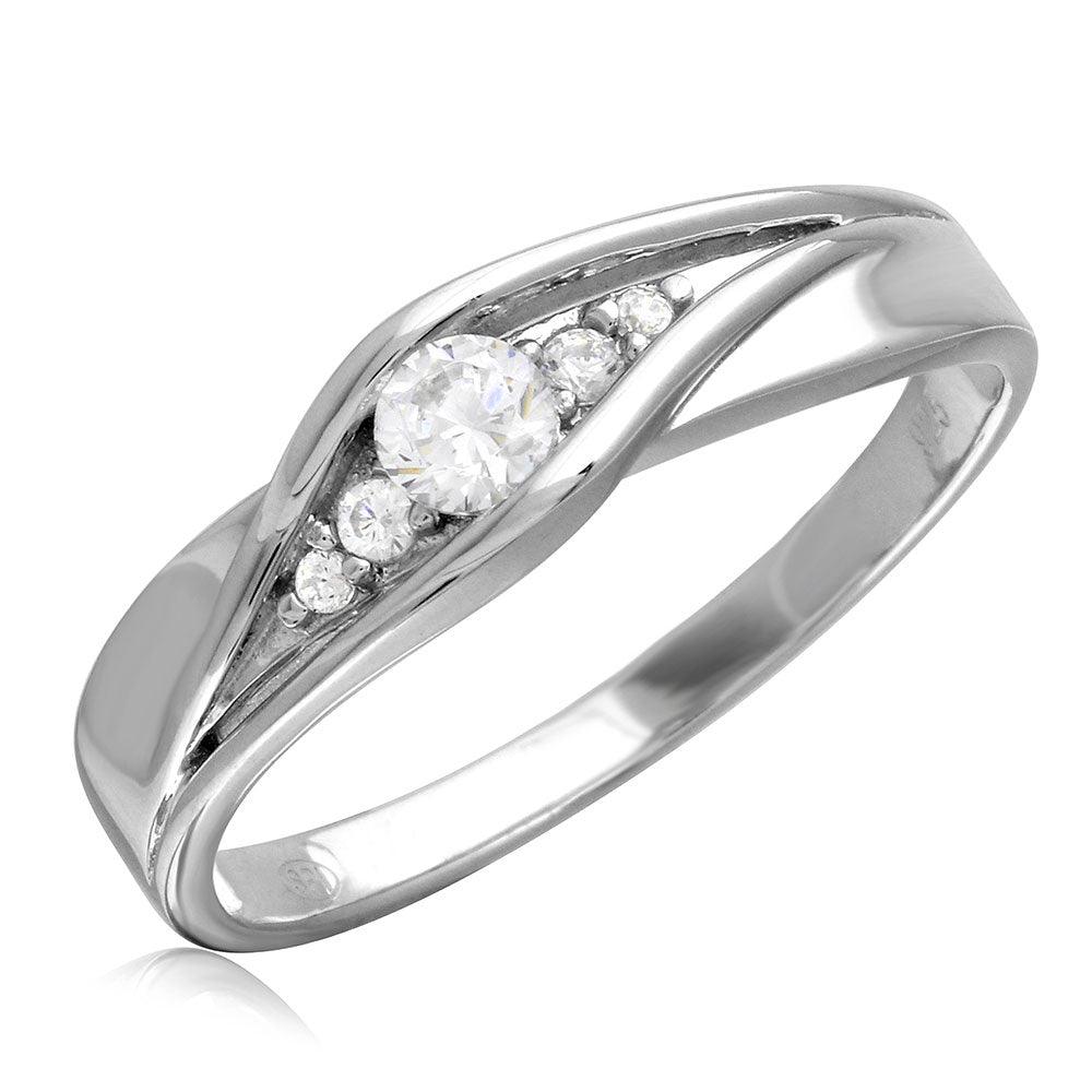 Rhodium Plated 925 Sterling Silver Round Clear CZ Center Wedding Ring Sizes 9-11