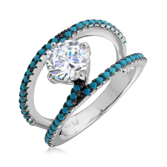 Rhodium Plated 925 Sterling Silver Shank Simulated Turquoise CZ Ring Sizes 5-9
