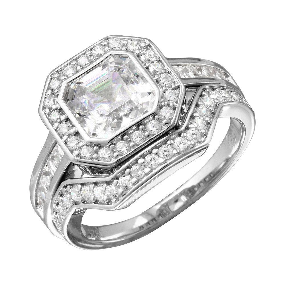 Rhodium Plated 925 Sterling Silver Clear CZ Square Bridal Set Ring Sizes 5-9