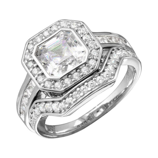 Rhodium Plated 925 Sterling Silver Clear CZ Square Bridal Set Ring Sizes 5-9