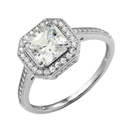 Rhodium Plated 925 Sterling Silver Square Halo Ring with CZ Shank Sizes 5-9