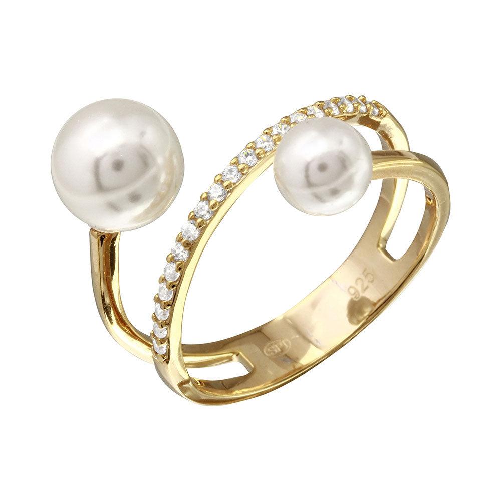 Gold Plated 925 Sterling Silver Simulated Pearl Ended Loop CZ Ring Sizes 5-9