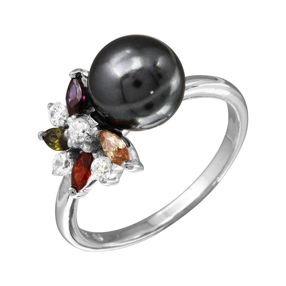 Rhodium Plated Sterling Silver CZ Flower Ring Black Simulated Pearl Sizes 5-9