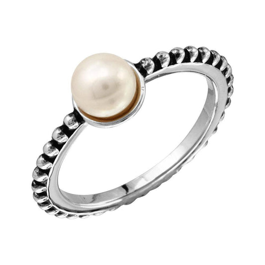 Rhodium Plated 925 Sterling Silver Beaded Shank Simulated Pearl Ring Sizes 5-9