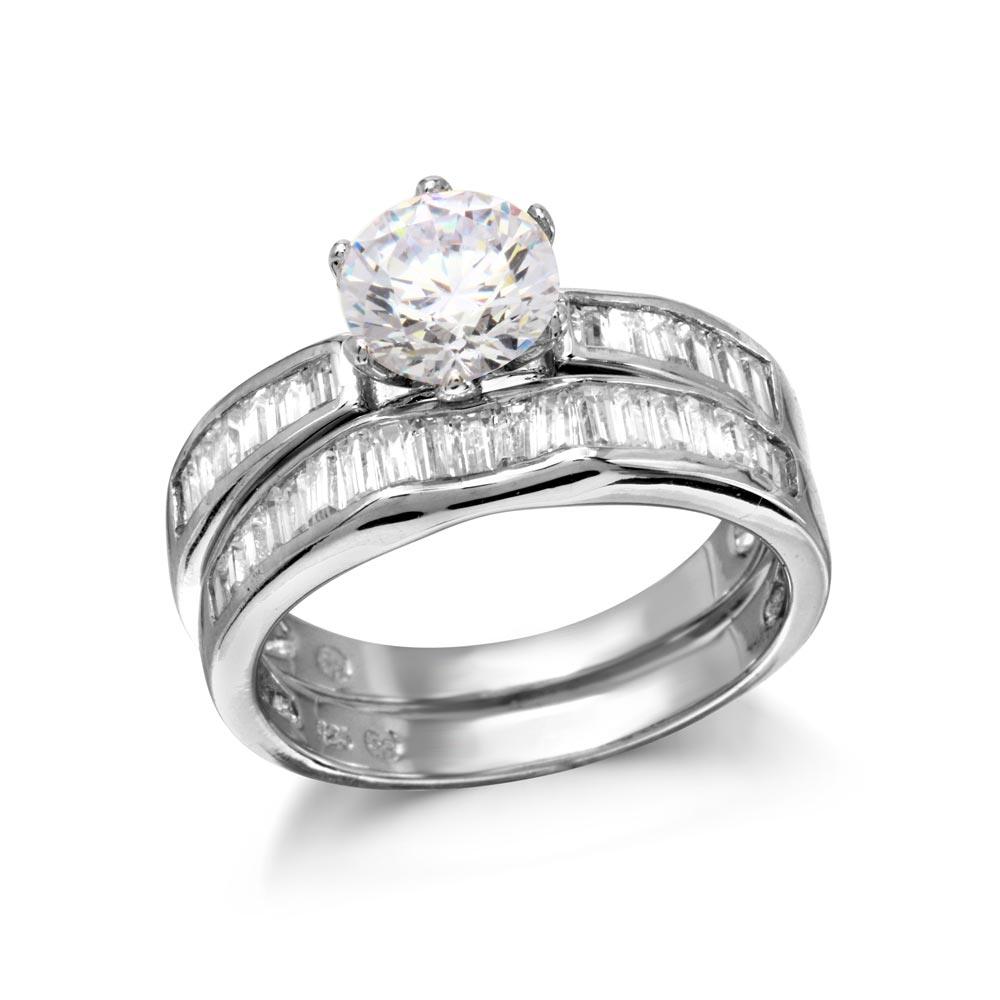Polished Rhodium Plated 925 Sterling Silver 2 Bridal Set Clear CZ Band Sizes 5-9