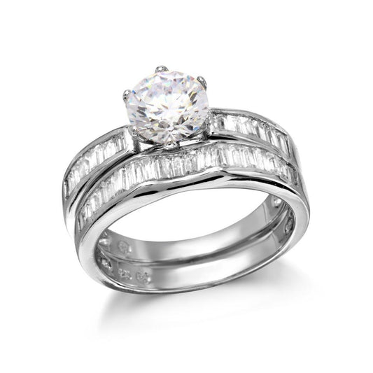 Polished Rhodium Plated 925 Sterling Silver 2 Bridal Set Clear CZ Band Sizes 5-9