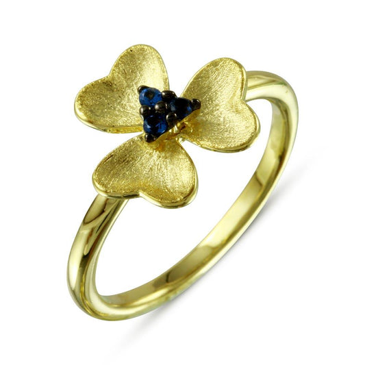 Gold Plated 925 Sterling Silver Matte Finish Flower Ring Blue CZ Band Sizes 5-9