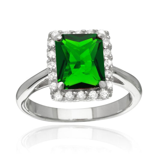 Rhodium Plated 925 Sterling Silver Square Green CZ Halo Ring Band Sizes 5-9