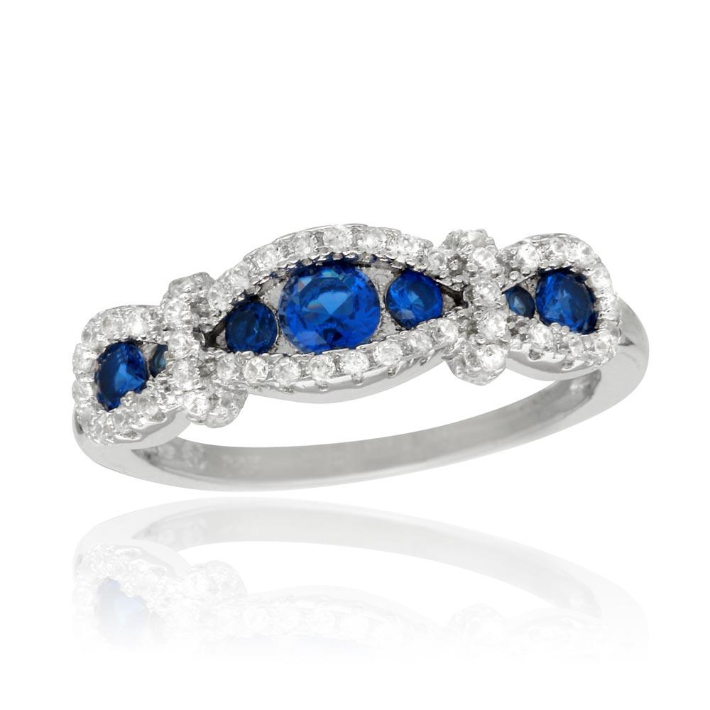 Polished Rhodium Plated 925 Sterling Silver Knotted Blue CZ Ring Band Sizes 5-9