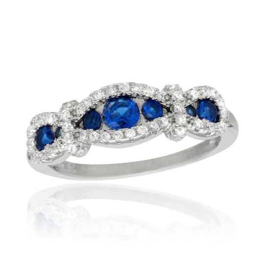 Polished Rhodium Plated 925 Sterling Silver Knotted Blue CZ Ring Band Sizes 5-9