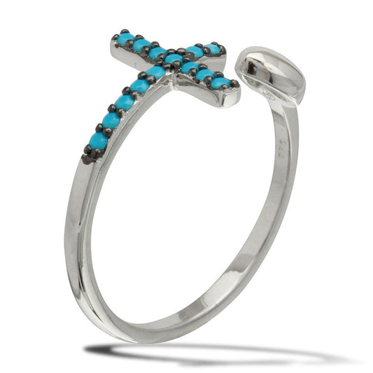 Rhodium Plated Sterling Silver Heart & Cross Ring Simulated Turquoise Sizes 5-9