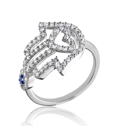 Rhodium Plated 925 Sterling Silver Heart Hamsa Evil Eye Clear CZ Band Sizes 5-9