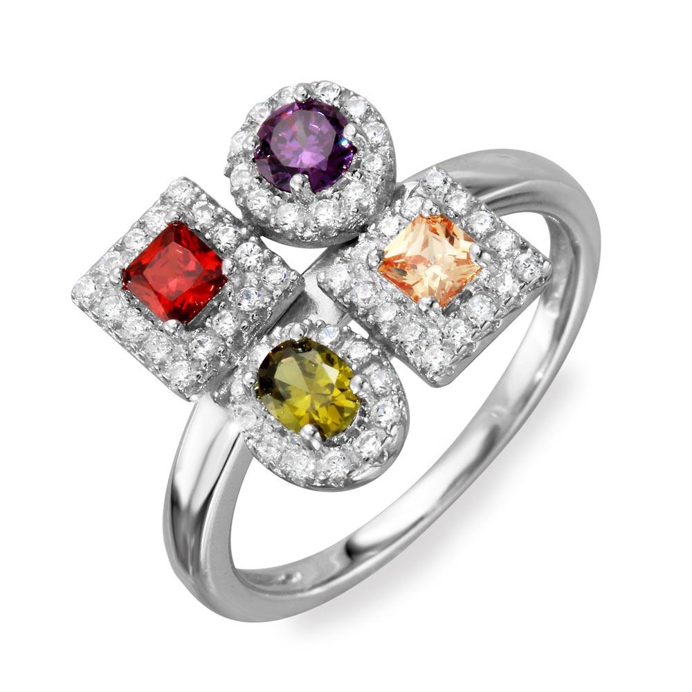 Rhodium Plated 925 Sterling Silver Multi Color CZ Design Fashion Ring Sizes 5-9