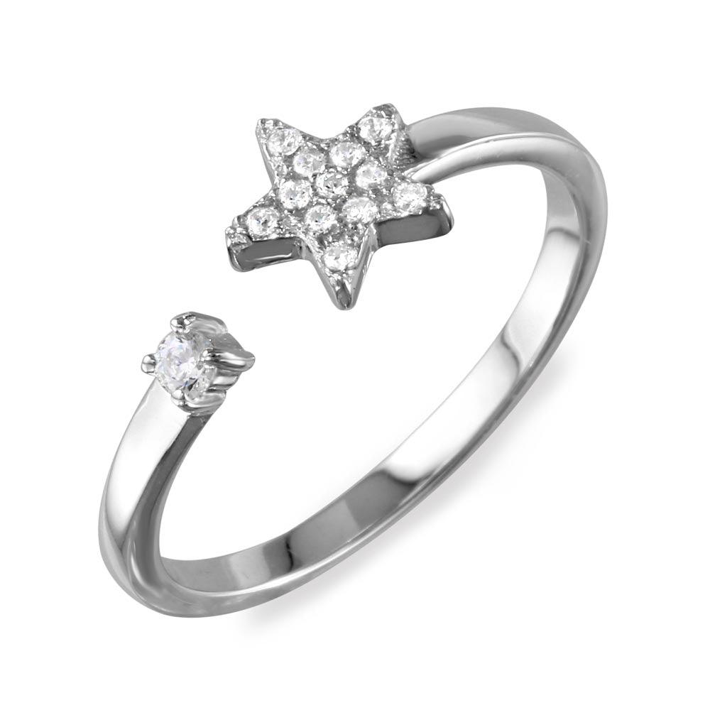 Rhodium Plated 925 Sterling Silver Adjustable Star Ring Clear CZ Band Sizes 5-9