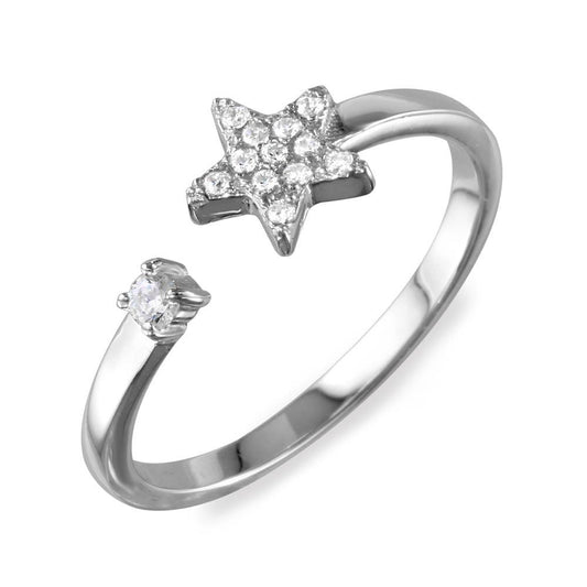 Rhodium Plated 925 Sterling Silver Adjustable Star Ring Clear CZ Band Sizes 5-9
