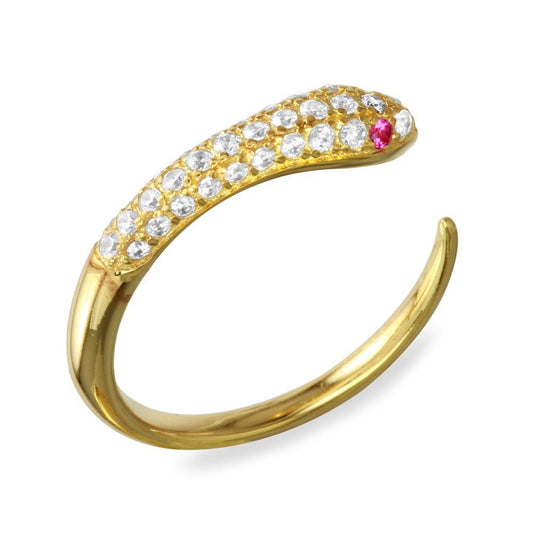 Polished Gold Plated 925 Sterling Silver Adjustable Snake Ring CZ Band Sizes 5-9