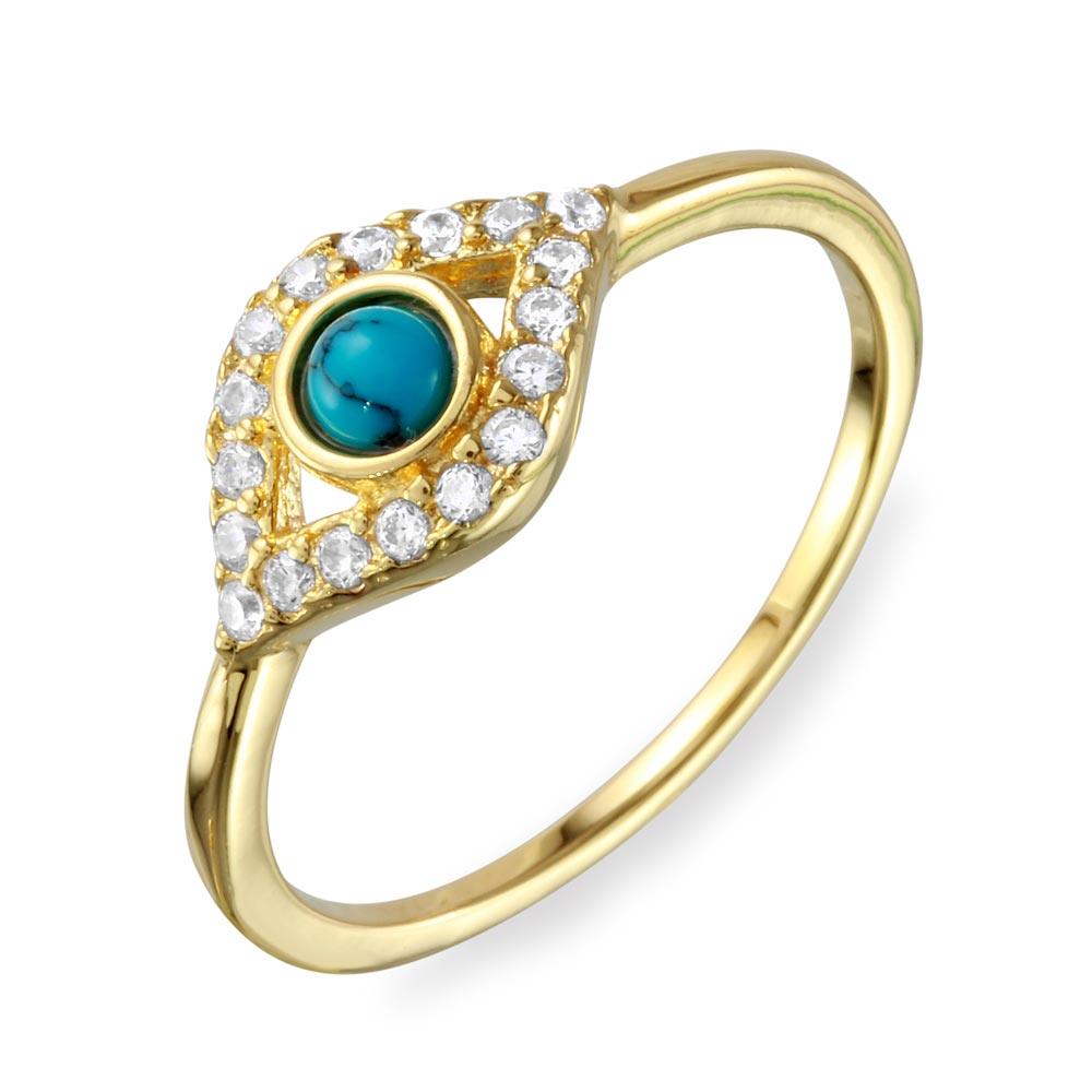 Gold Plated Sterling Silver Evil Eye CZ Ring Simulated Turquoise Bead Sizes 5-10