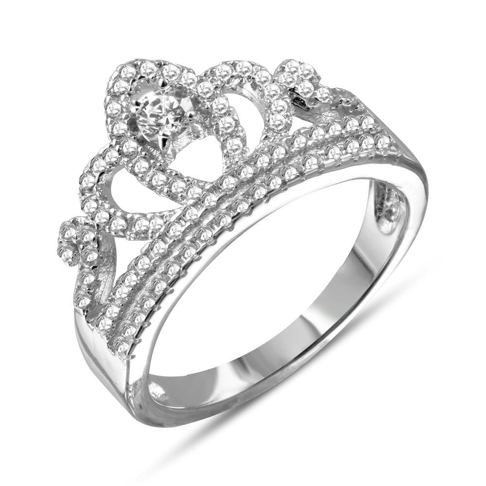Rhodium Plated 925 Sterling Silver Tiara Clear CZ Ring Crown Band Sizes 5-9