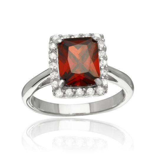 Rhodium Plated 925 Sterling Silver Square Red CZ Halo Ring Band Sizes 5-9