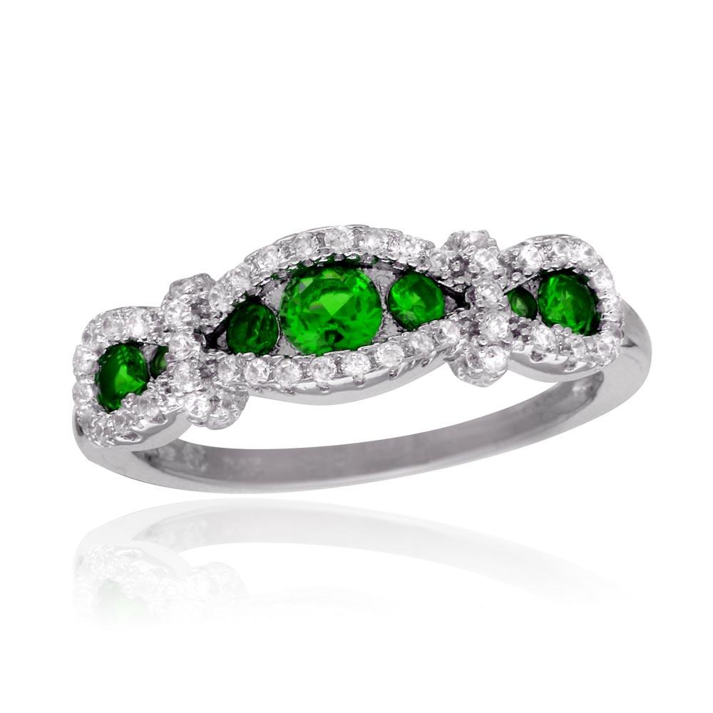 Rhodium Plated 925 Sterling Silver Knotted Green & Clear CZ Ring Sizes 5-9